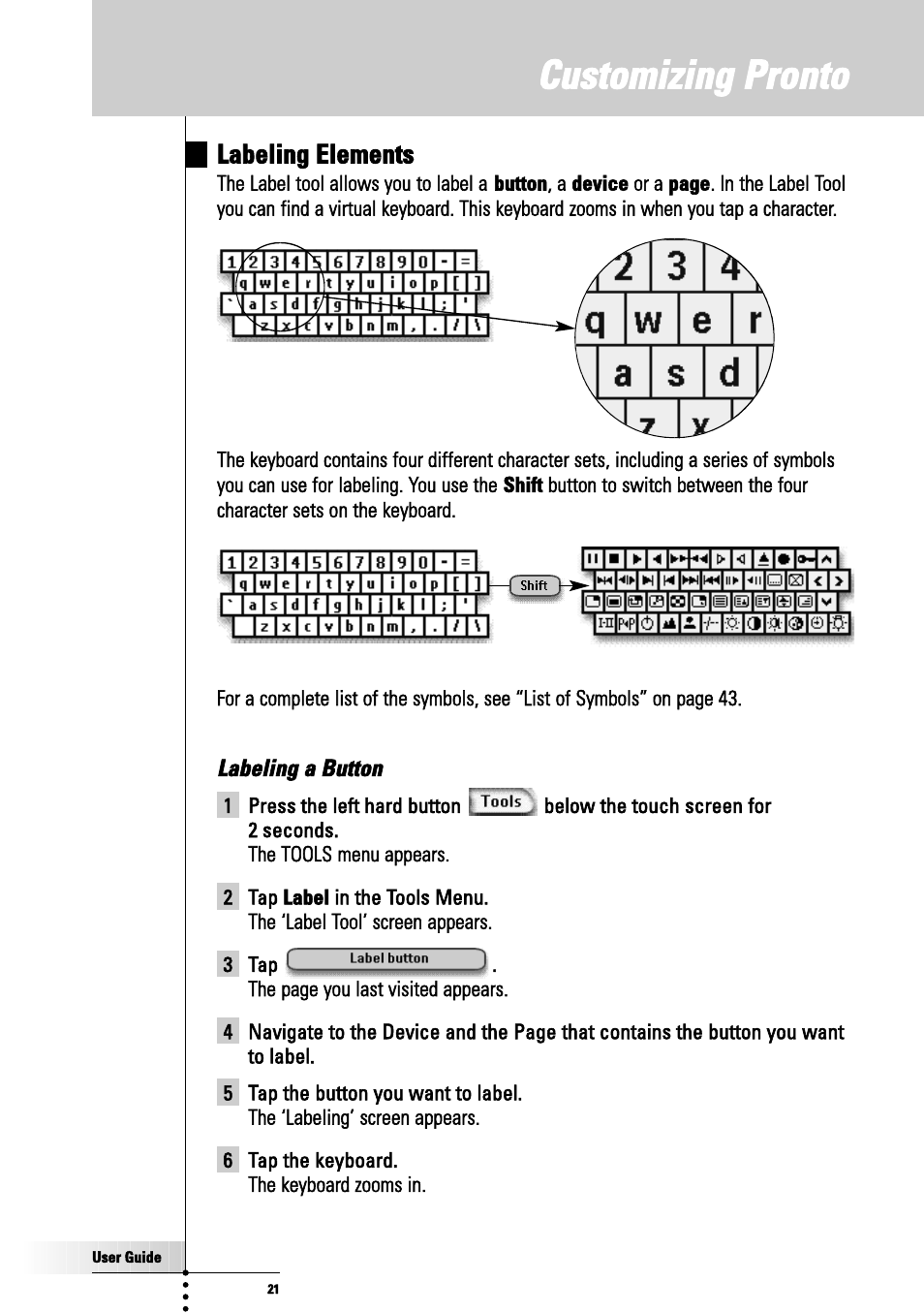 Labeling a button, Customizing pronto | Philips TSU3000 User Manual | Page 21 / 52