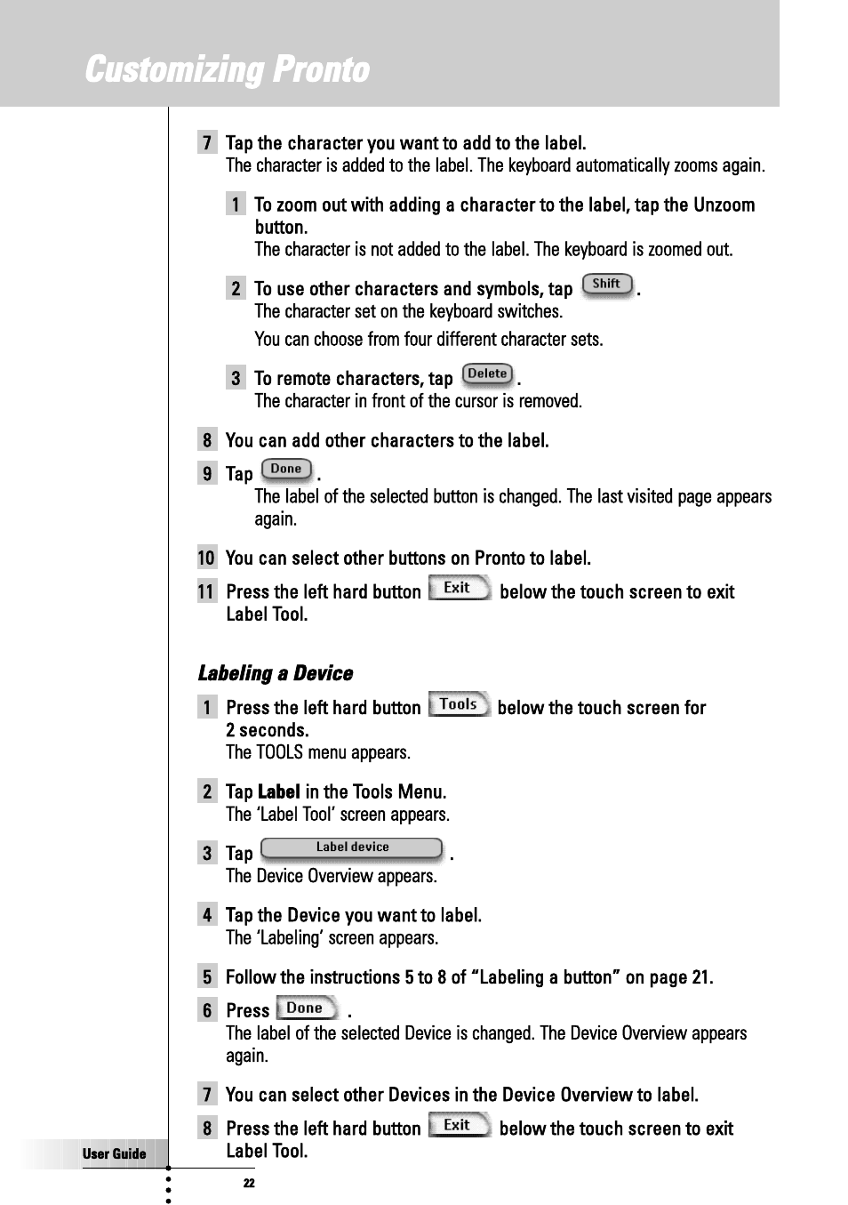 Labeling a device, Customizing pronto, P press i | Philips TSU3000 User Manual | Page 22 / 52