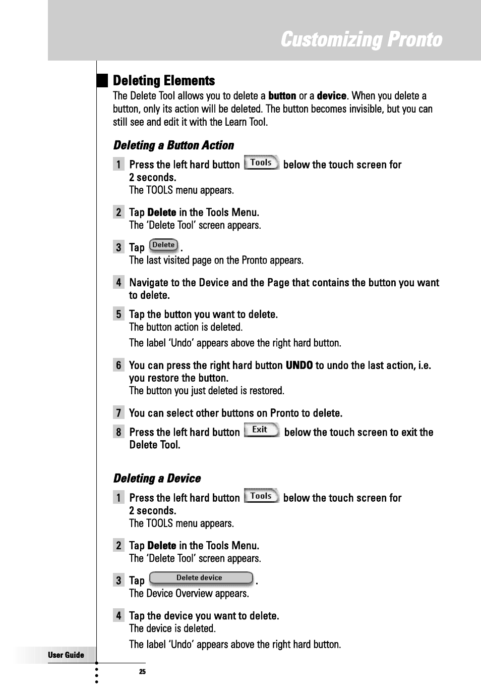 Deleting a button action, Deleting a device, Customizing pronto | Deleting elements | Philips TSU3000 User Manual | Page 25 / 52