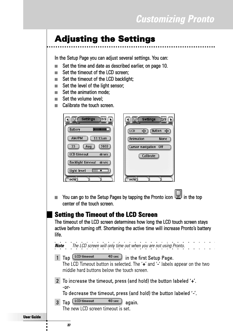 Adjusting the settings, Customizing pronto, Setting the timeout of the lcd screen | Philips TSU3000 User Manual | Page 27 / 52