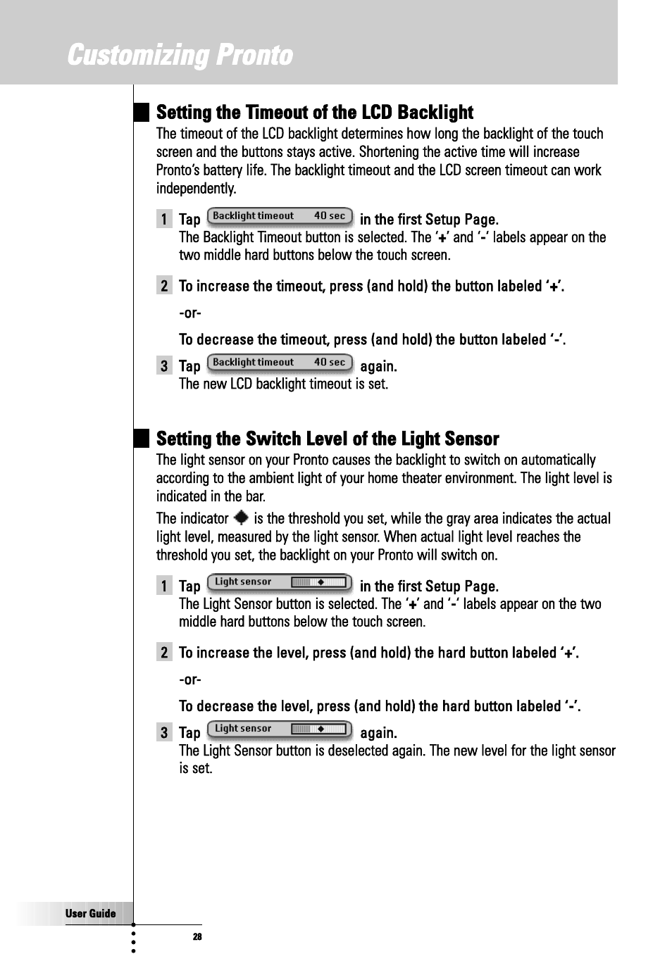 Customizing pronto, Setting the timeout of the lcd backlight, Setting the switch level of the light sensor | Jj jgp [backlighttimeout, Sec j jp setup page | Philips TSU3000 User Manual | Page 28 / 52