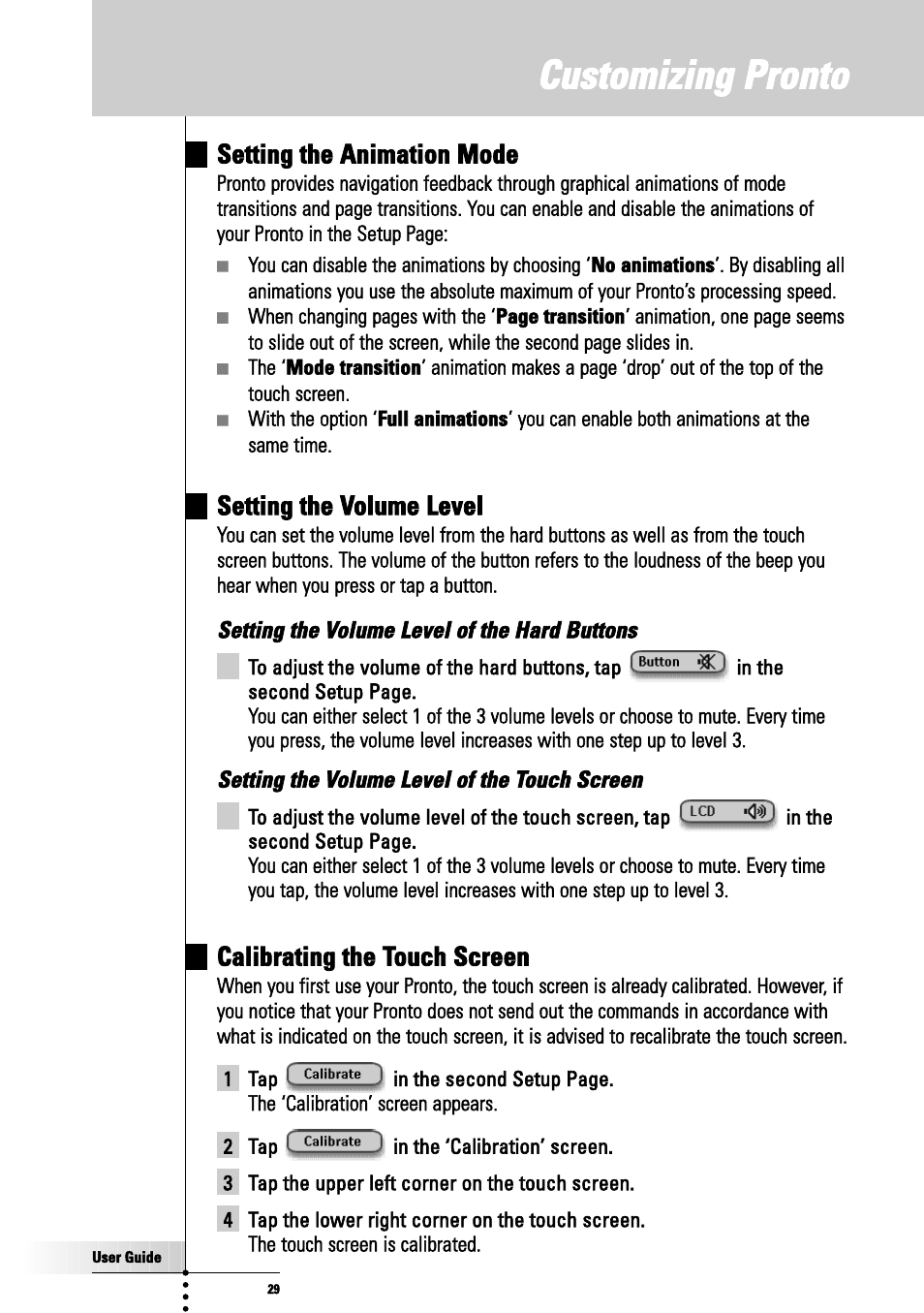 Setting the volume level of the hard buttons, Customizing pronto | Philips TSU3000 User Manual | Page 29 / 52