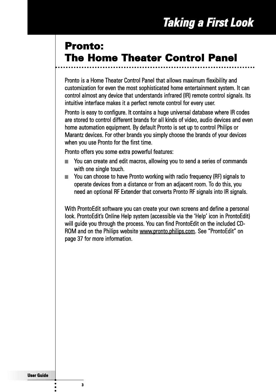Pronto: the home theater control panel, Taking a first look | Philips TSU3000 User Manual | Page 3 / 52