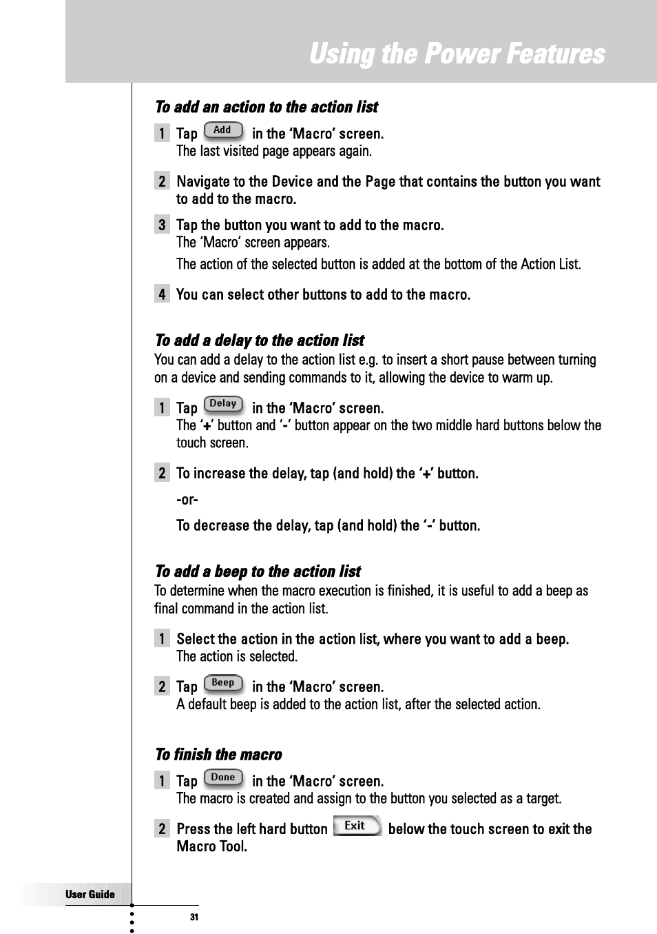 To add an action to the action list, To add a delay to the action list, To add a beep to the action list | To finish the macro, Using the power features | Philips TSU3000 User Manual | Page 31 / 52