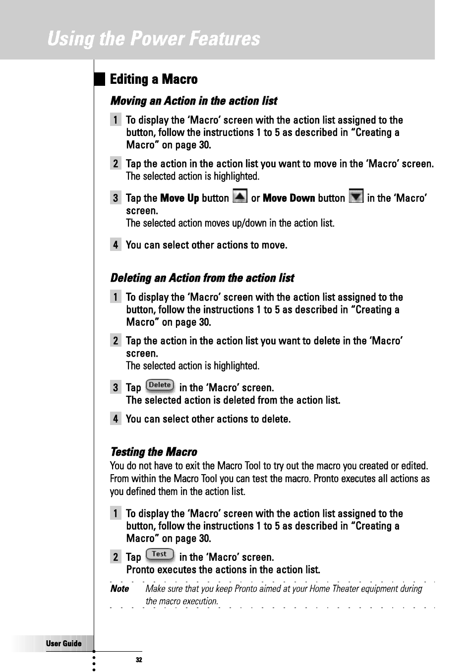Deleting an action from the action list, Testing the macro, Using the power features | Editing a macro | Philips TSU3000 User Manual | Page 32 / 52