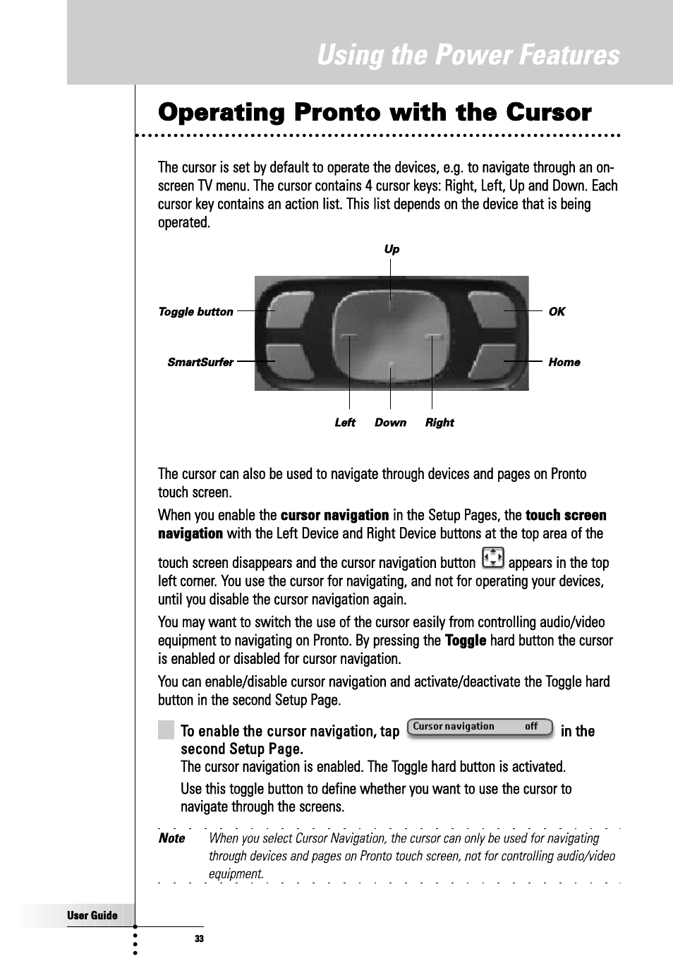 Operating pronto with the cursor, Using the power features | Philips TSU3000 User Manual | Page 33 / 52