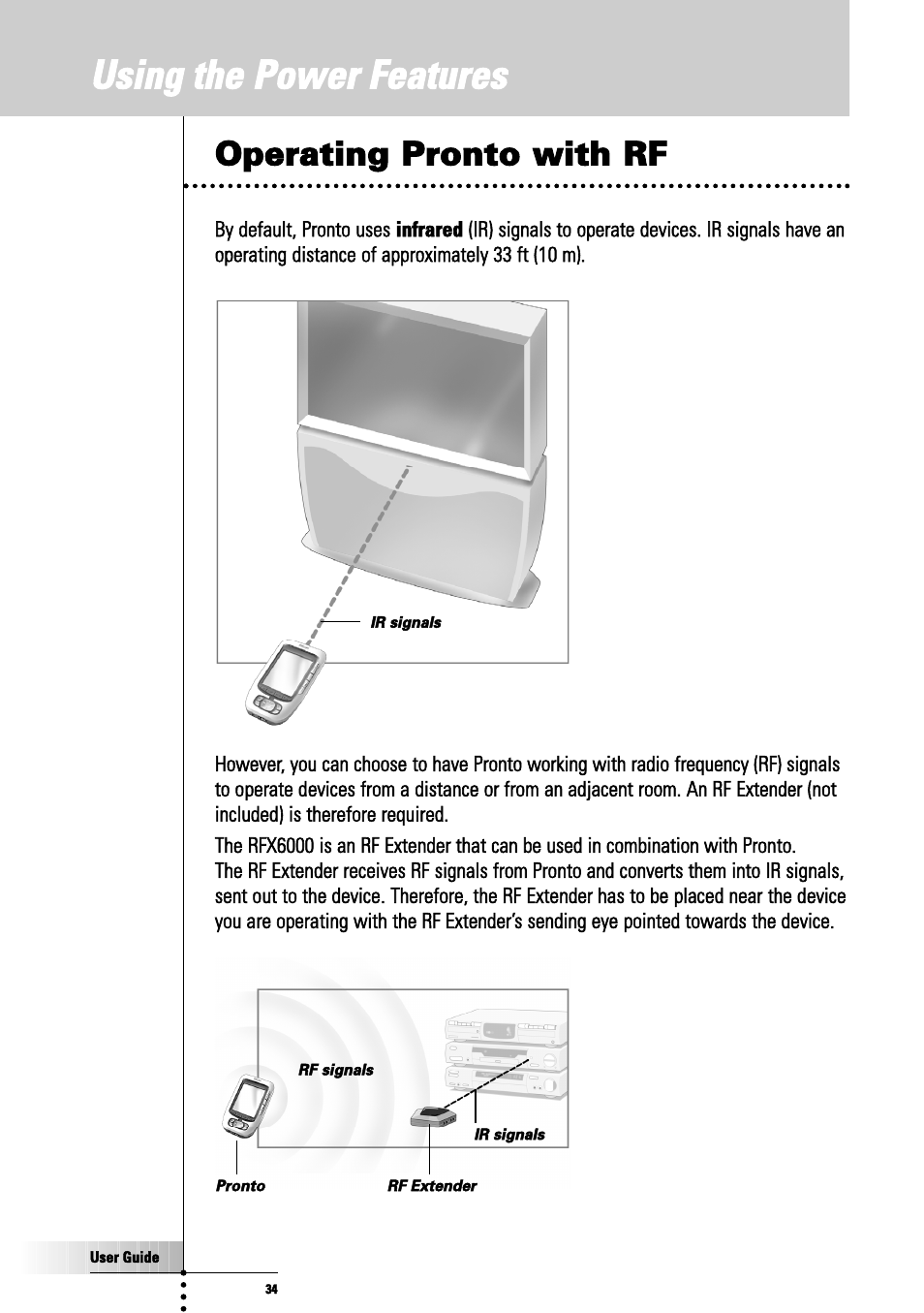 Operating pronto with rf, Using the power feetures | Philips TSU3000 User Manual | Page 34 / 52