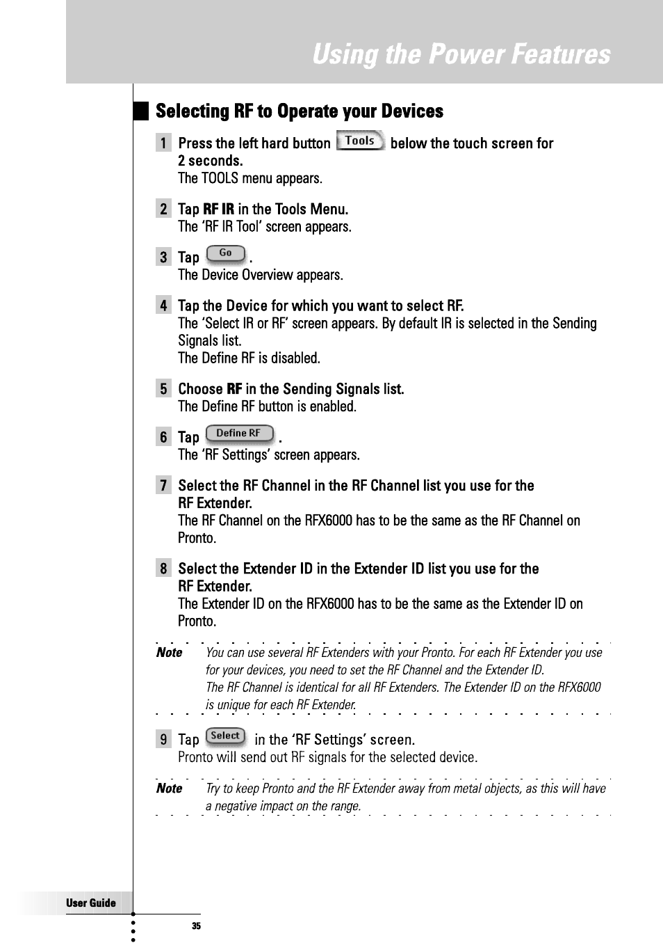 Using the power features, Selecting rf to operate your devices | Philips TSU3000 User Manual | Page 35 / 52