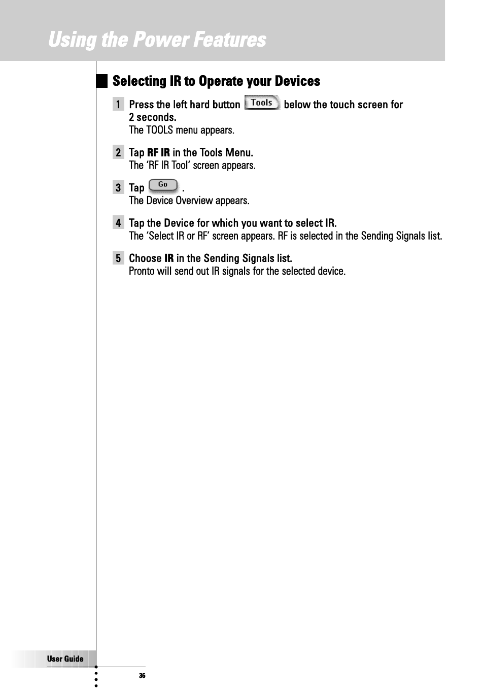 Using the power features, Selecting ir to operate your devices | Philips TSU3000 User Manual | Page 36 / 52