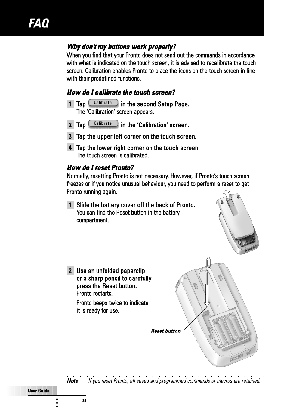 Why don't my buttons work properly, How do i calibrate the touch screen, How do i reset pronto | Philips TSU3000 User Manual | Page 38 / 52