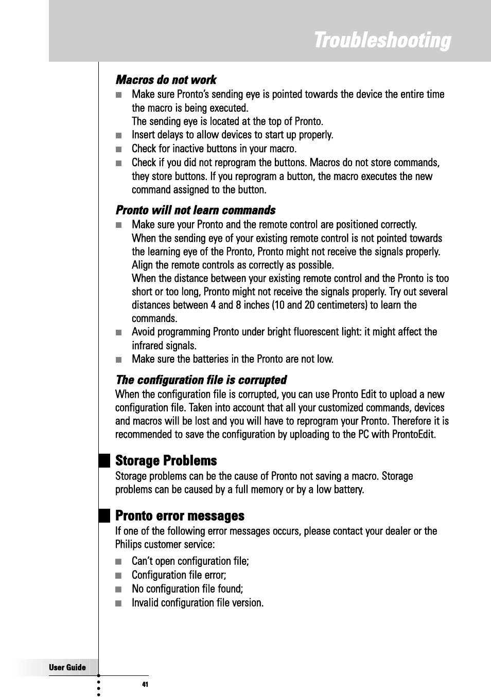 Troubleshooting, Macros do not work, Pronto will not learn commands | Storage problems, Pronto error messages | Philips TSU3000 User Manual | Page 41 / 52