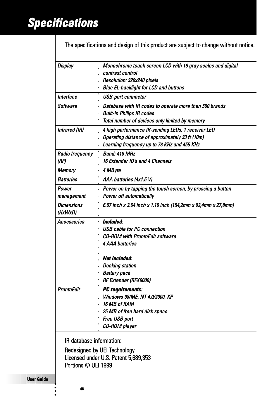 Specifications | Philips TSU3000 User Manual | Page 46 / 52