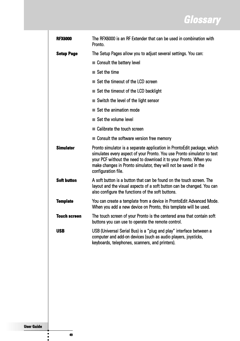 Glossary, Rfx6000, Setup page | Simulator, Soft button, Template, Touch screen | Philips TSU3000 User Manual | Page 49 / 52