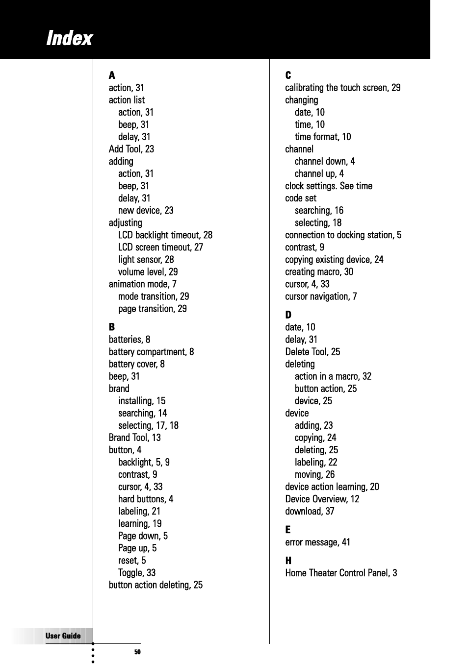 Index | Philips TSU3000 User Manual | Page 50 / 52