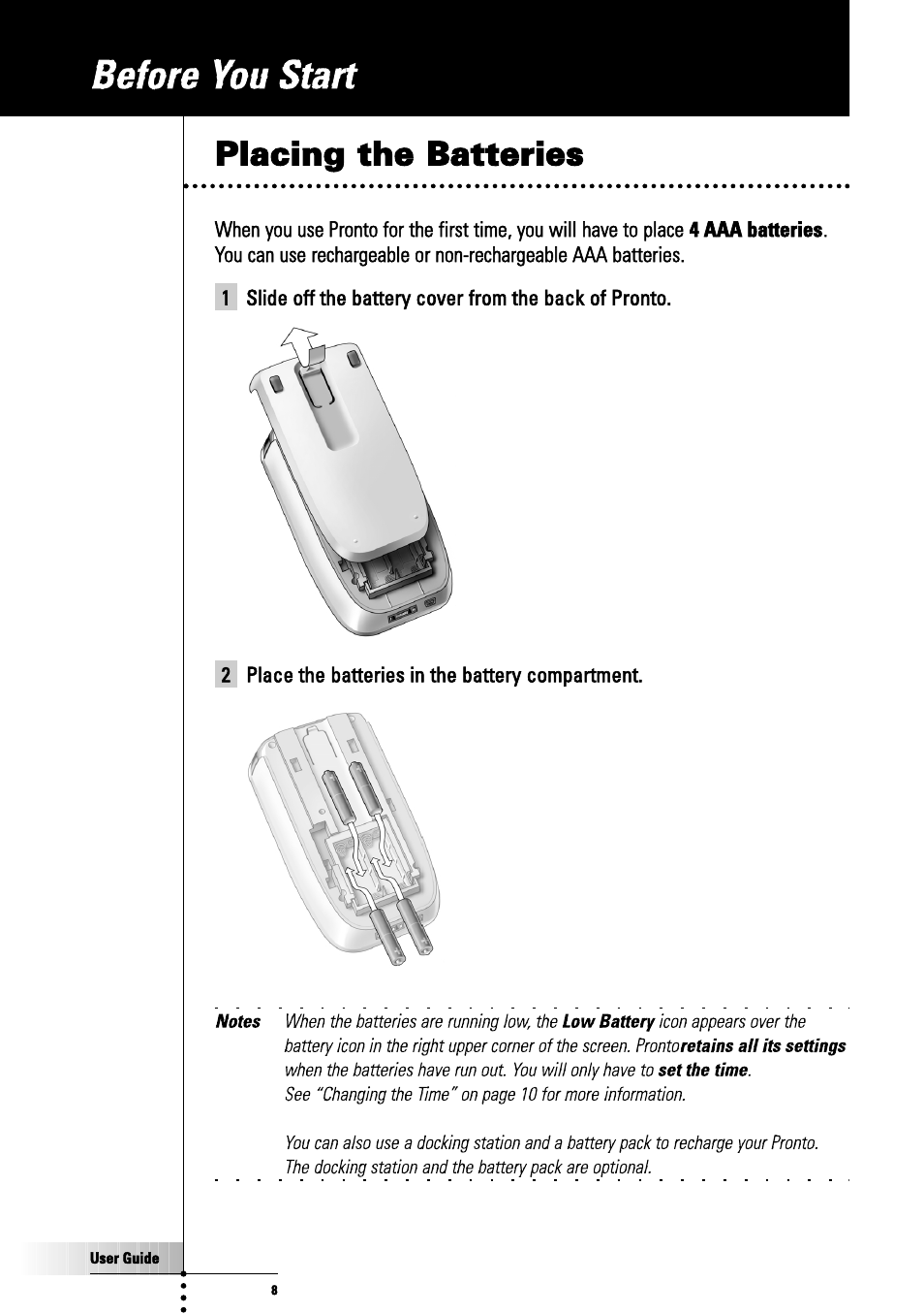 Before you start, Placing the batteries | Philips TSU3000 User Manual | Page 8 / 52