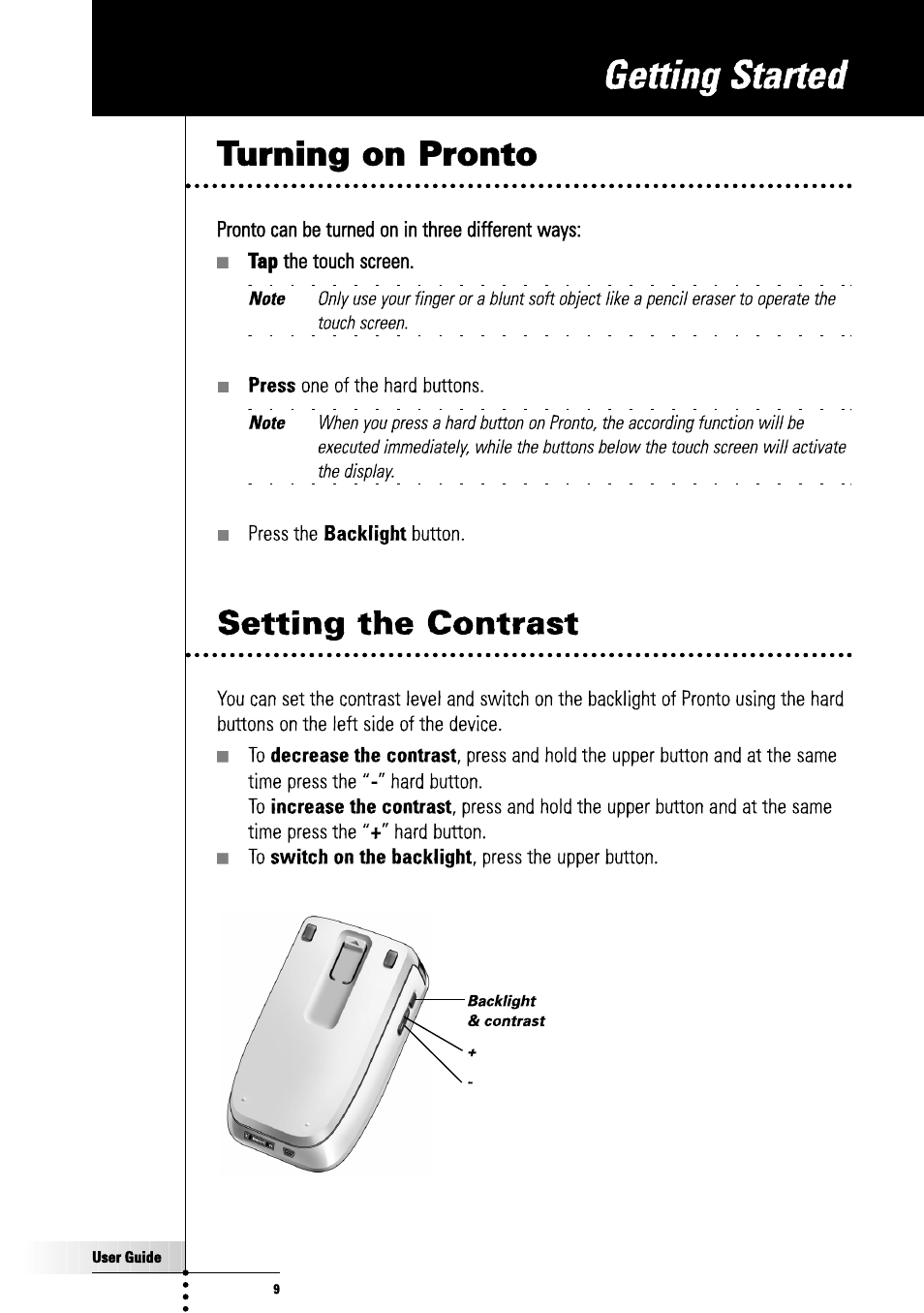 Turning on pronto, Setting the contrast, Getting started | Philips TSU3000 User Manual | Page 9 / 52