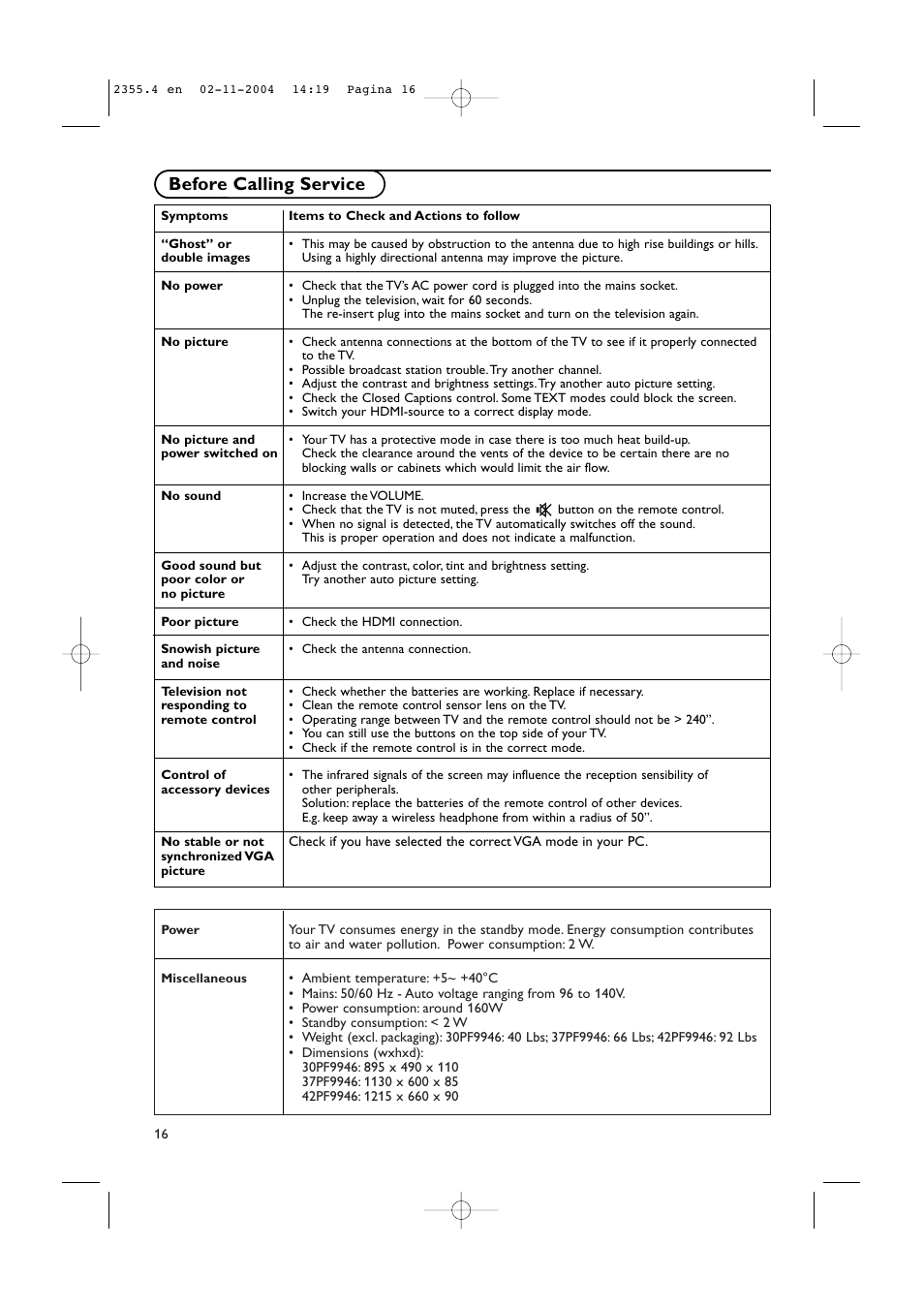 Tips, Before calling service | Philips 42PF9936D-37B User Manual | Page 20 / 64