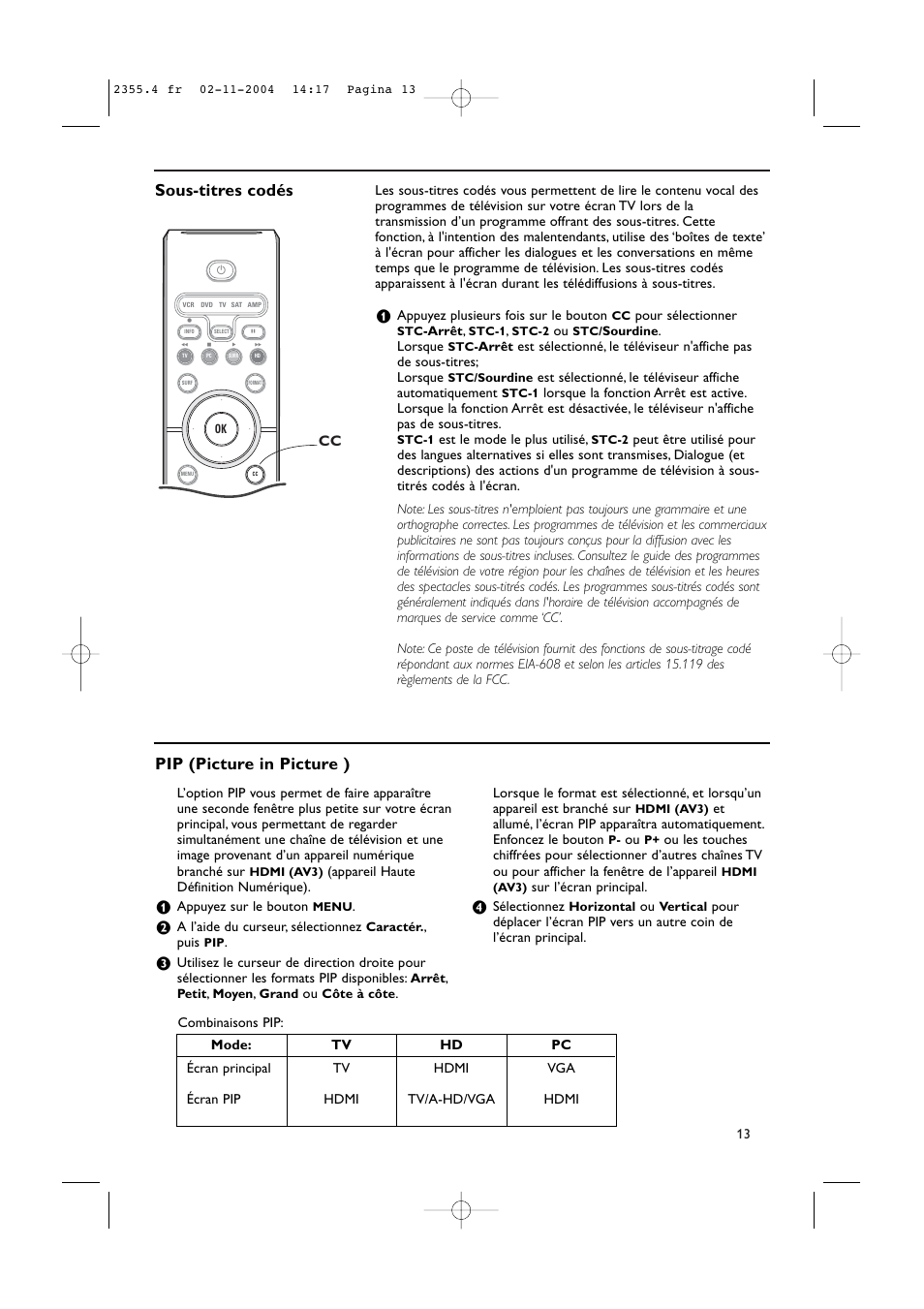 Sous-titres codés, Pip (picture in picture ) | Philips 42PF9936D-37B User Manual | Page 37 / 64