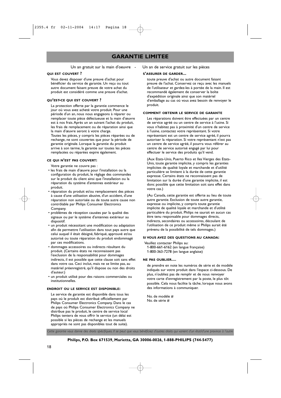 Garantie limitee | Philips 42PF9936D-37B User Manual | Page 42 / 64