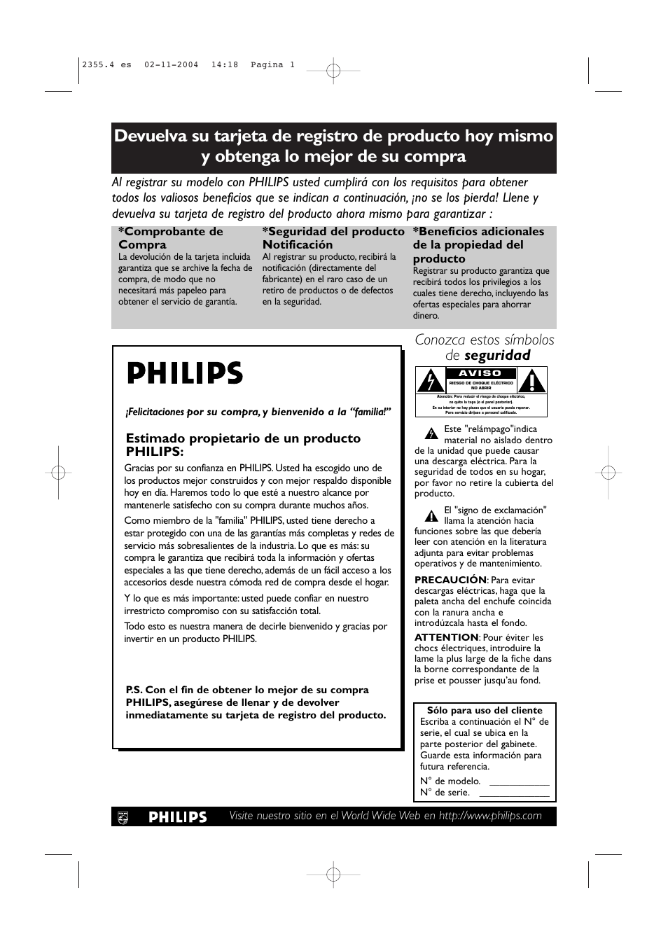 Conozca estos símbolos de seguridad, Estimado propietario de un producto philips | Philips 42PF9936D-37B User Manual | Page 43 / 64