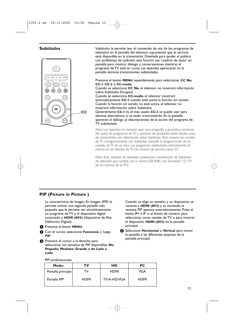 Subtítulos, Pip (picture in picture ) | Philips 42PF9936D-37B User Manual | Page 57 / 64