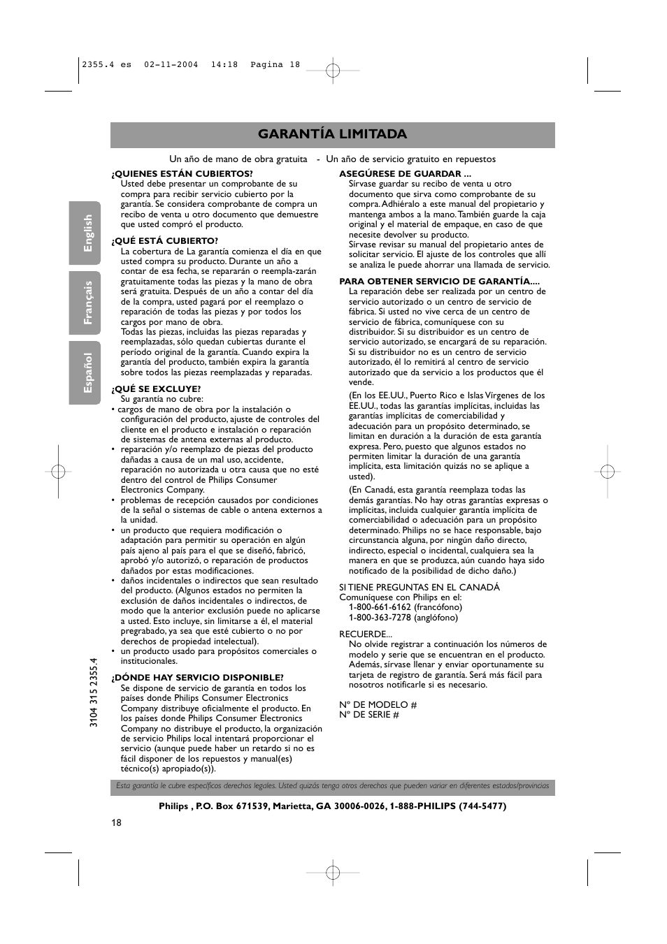 Garantía limitada | Philips 42PF9936D-37B User Manual | Page 62 / 64