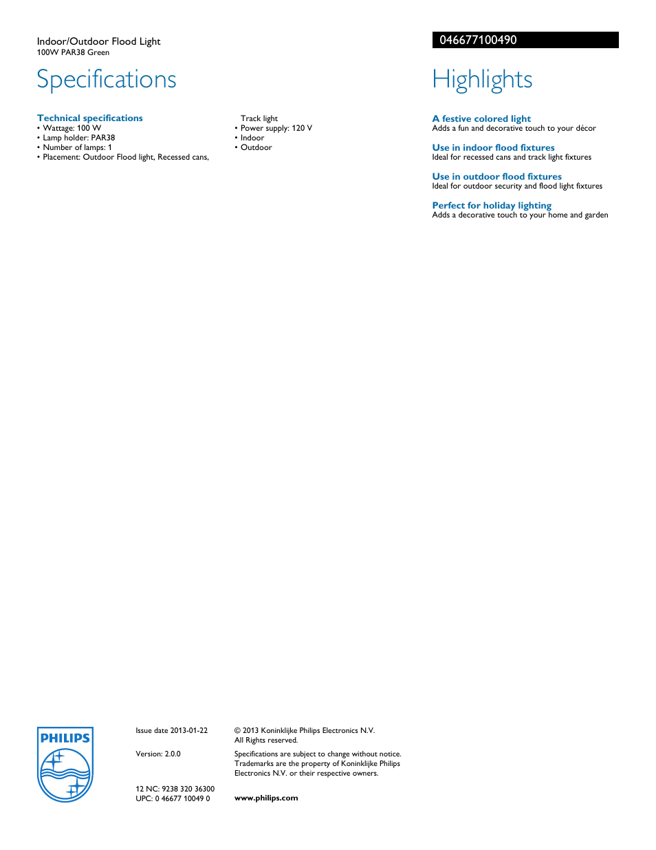 Specifications, Highlights | Philips 046677100490 User Manual | Page 2 / 2