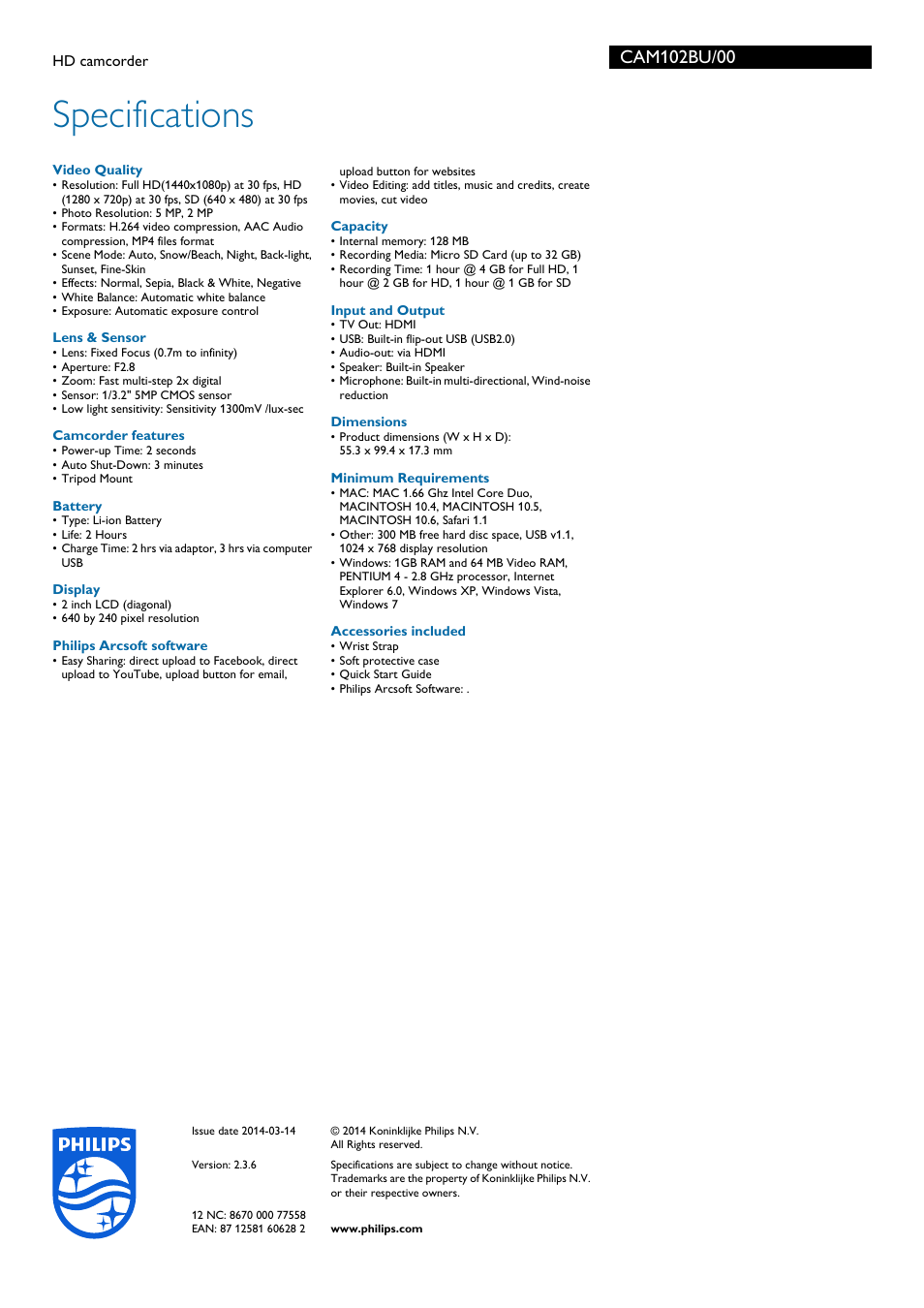 Specifications | Philips CAM102BU-00 User Manual | Page 3 / 3