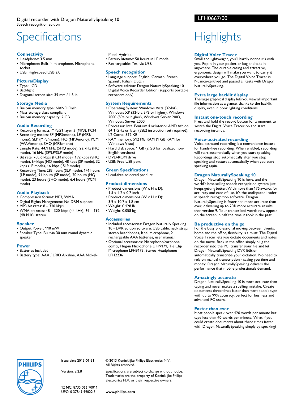 Specifications, Highlights | Philips LFH0667-00 User Manual | Page 2 / 2