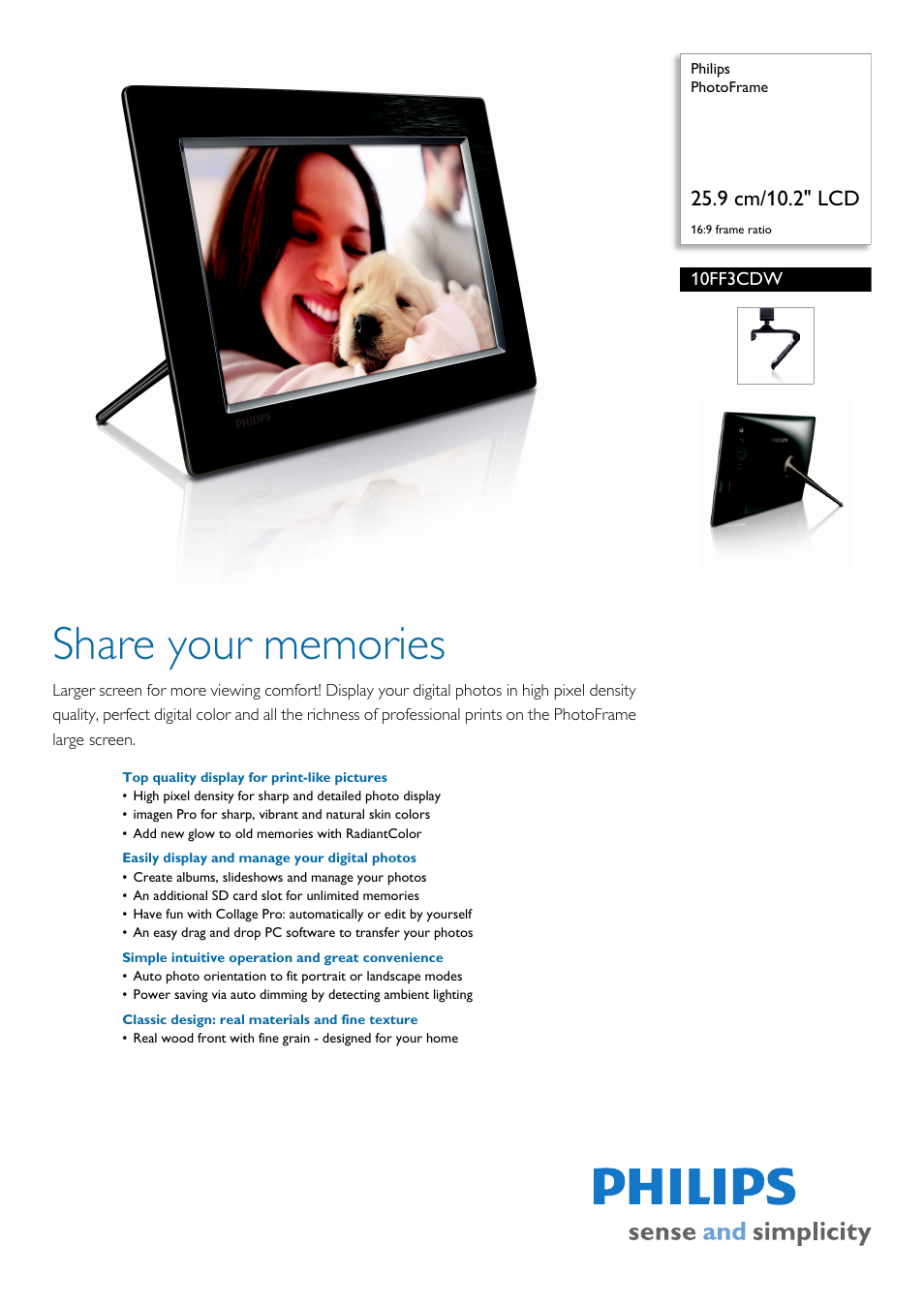 Philips PhotoFrame 10FF3CDW 10.2" LCD 169 frame ratio User Manual | 3 pages