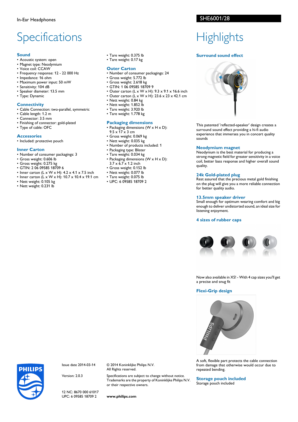 Specifications, Highlights | Philips SHE6001-28 User Manual | Page 2 / 2