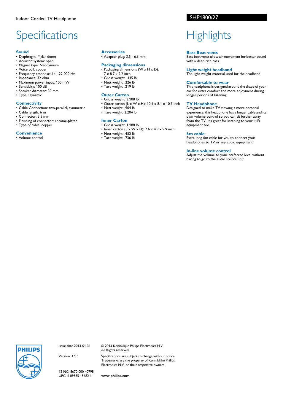 Specifications, Highlights | Philips SHP1800-27 User Manual | Page 2 / 2