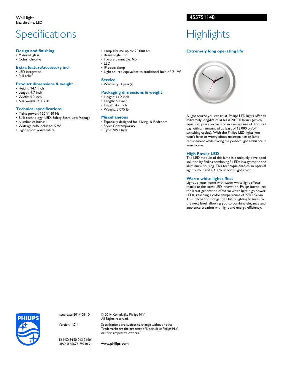 Specifications, Highlights | Philips 455751148 User Manual | Page 2 / 2