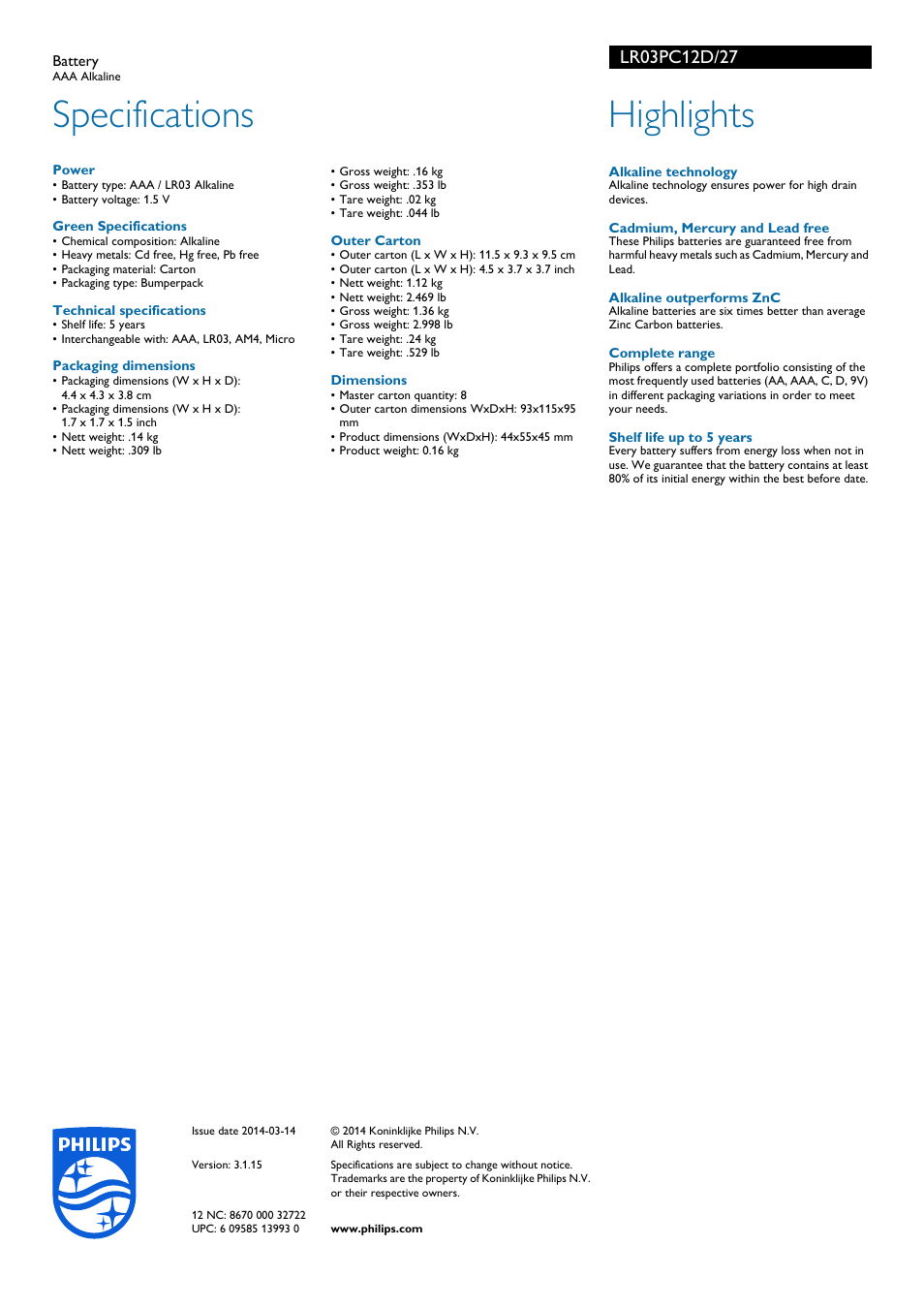 Specifications, Highlights | Philips LR03PC12D-27 User Manual | Page 2 / 2