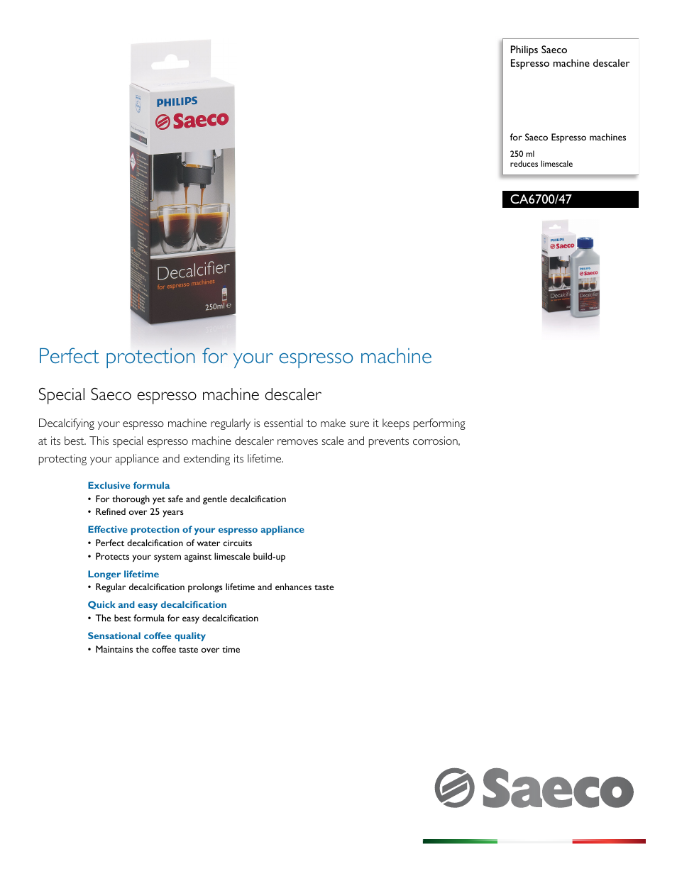 Philips Saeco Espresso machine descaler CA6700-47 for Saeco Espresso machines 250 ml reduces limescale User Manual | 2 pages