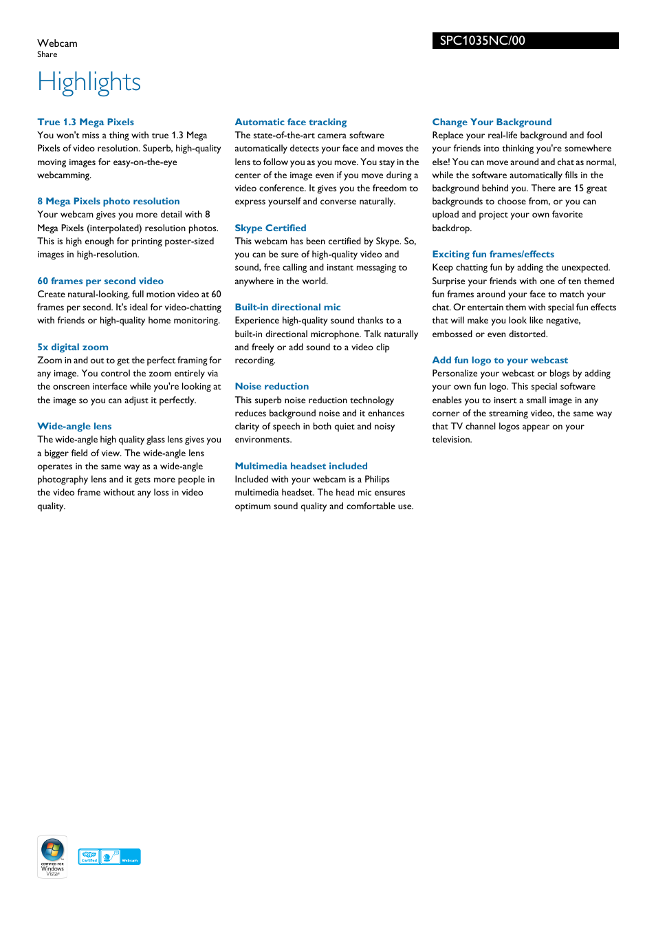 Highlights | Philips SPC1035NC-00 User Manual | Page 2 / 3