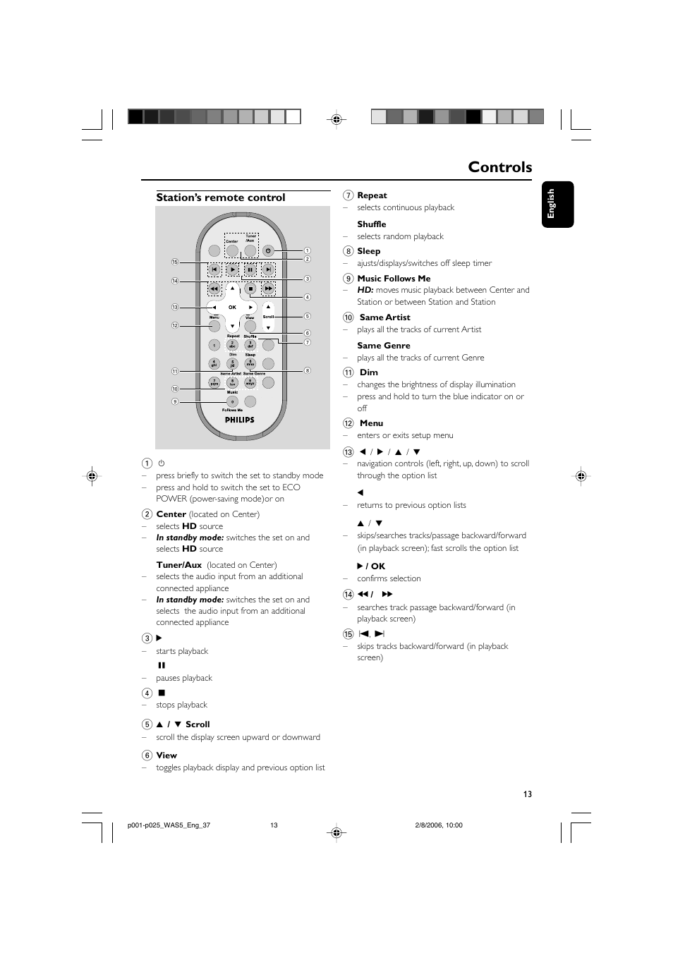 Controls, Station’s remote control 1 | Philips WAS5-37 User Manual | Page 13 / 25