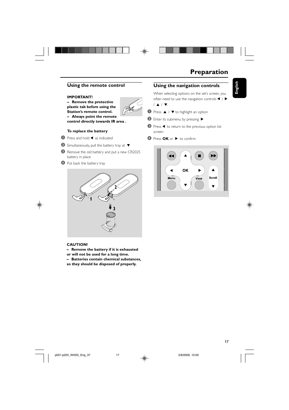 Preparation, Using the remote control, Using the navigation controls | Philips WAS5-37 User Manual | Page 17 / 25