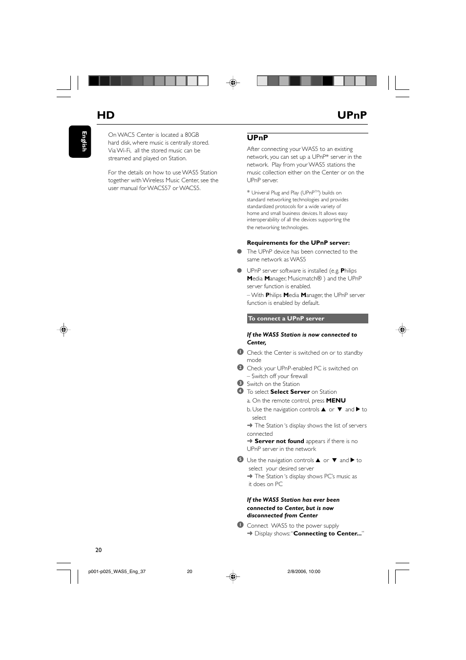Hd upnp, Upnp | Philips WAS5-37 User Manual | Page 20 / 25