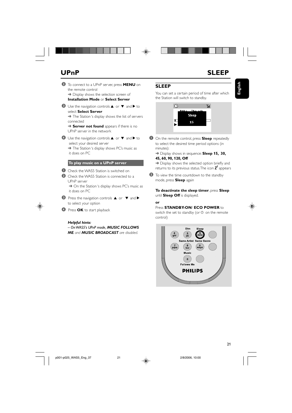 Upnp sleep | Philips WAS5-37 User Manual | Page 21 / 25