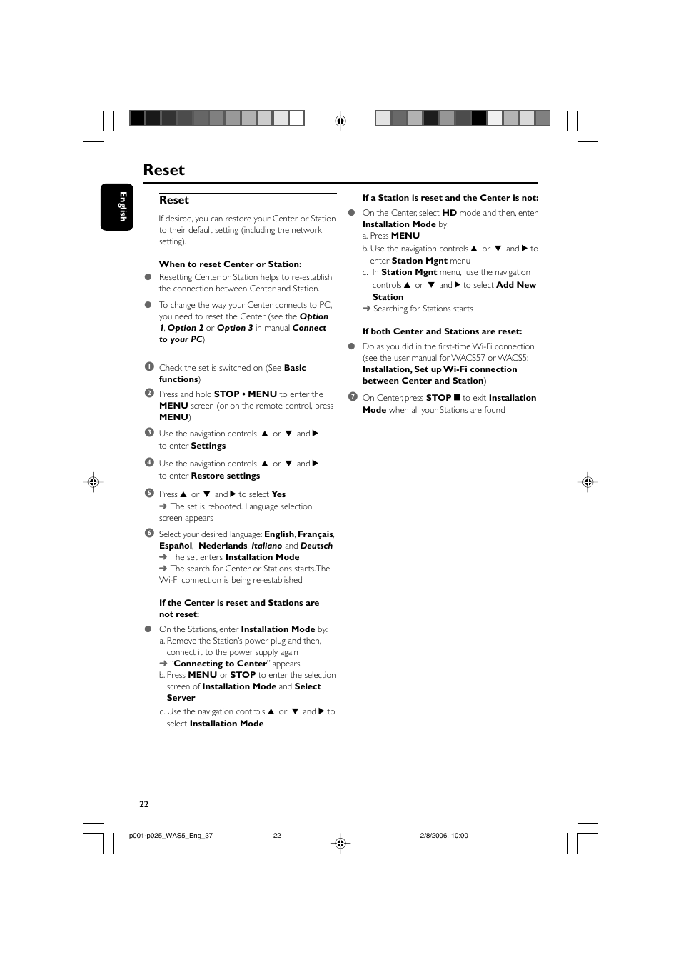 Reset | Philips WAS5-37 User Manual | Page 22 / 25