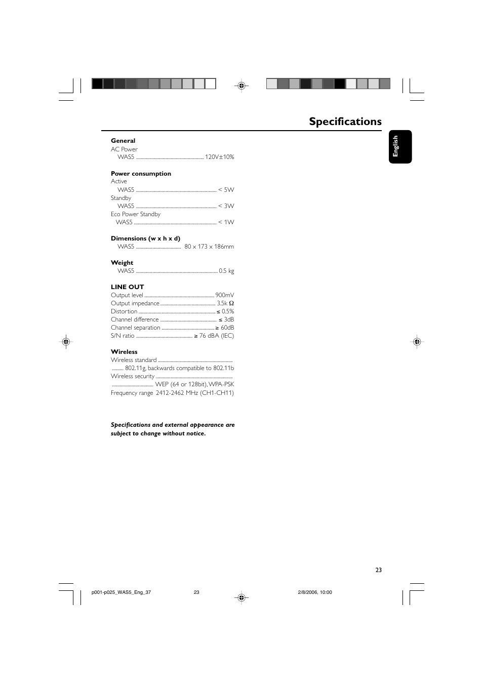 Specifications | Philips WAS5-37 User Manual | Page 23 / 25