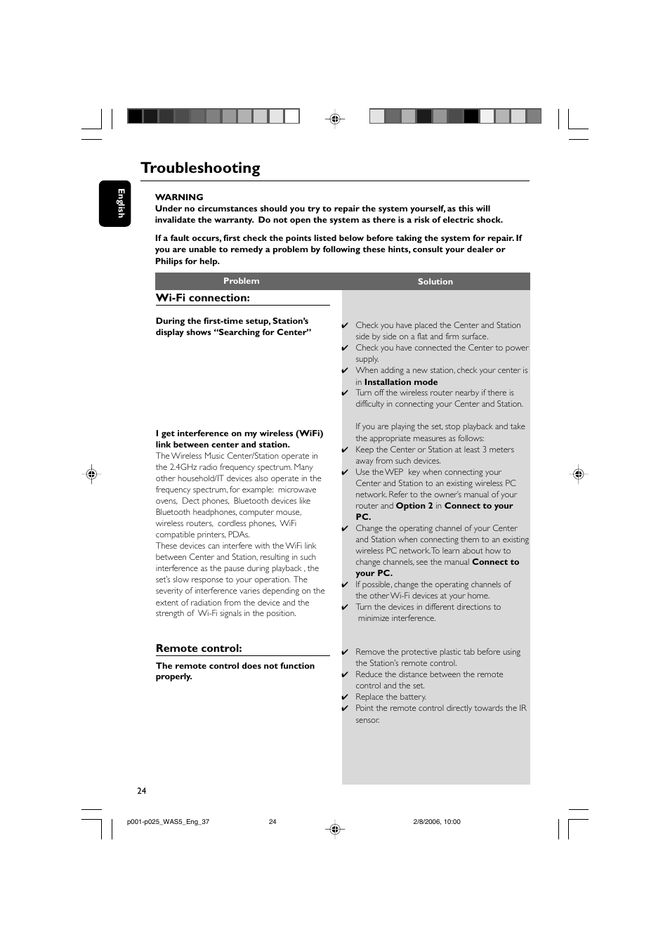 Troubleshooting, Wi-fi connection, Remote control | Philips WAS5-37 User Manual | Page 24 / 25