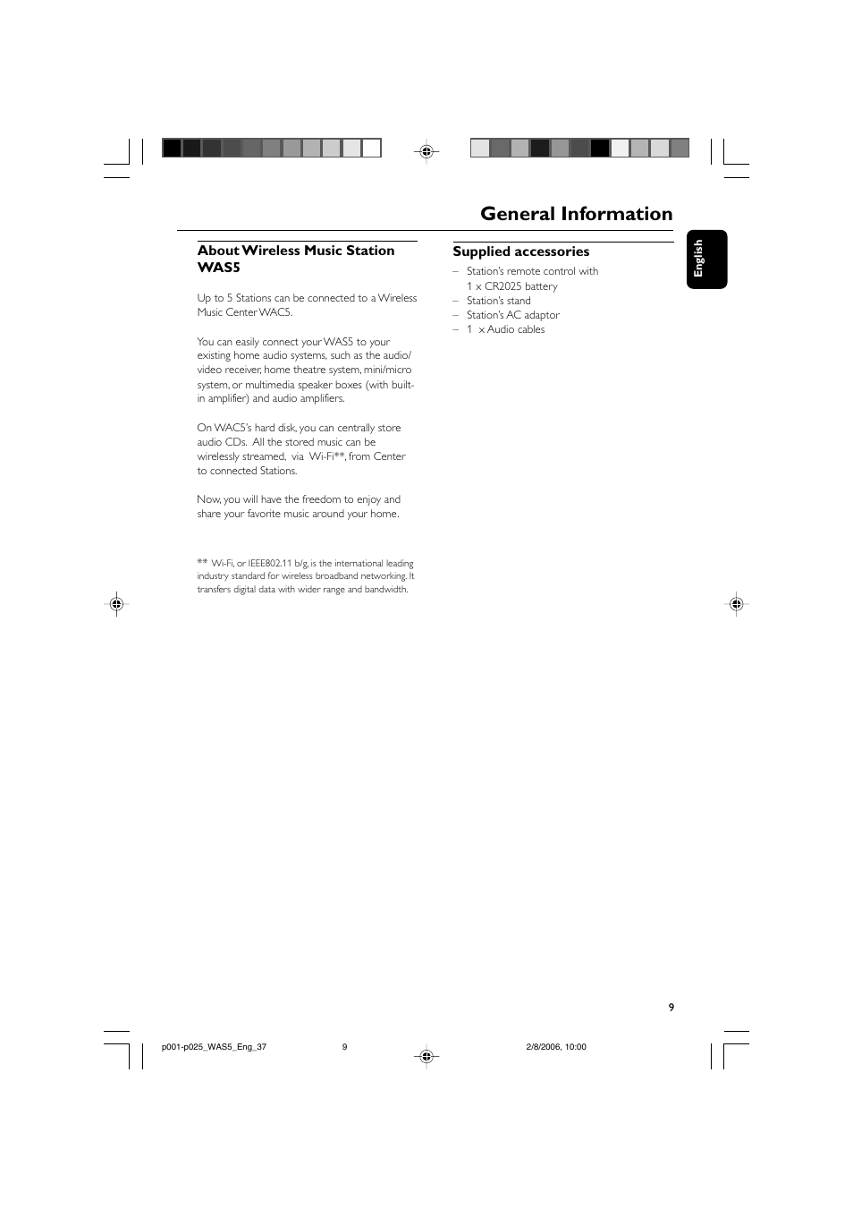 General information, About wireless music station was5, Supplied accessories | Philips WAS5-37 User Manual | Page 9 / 25