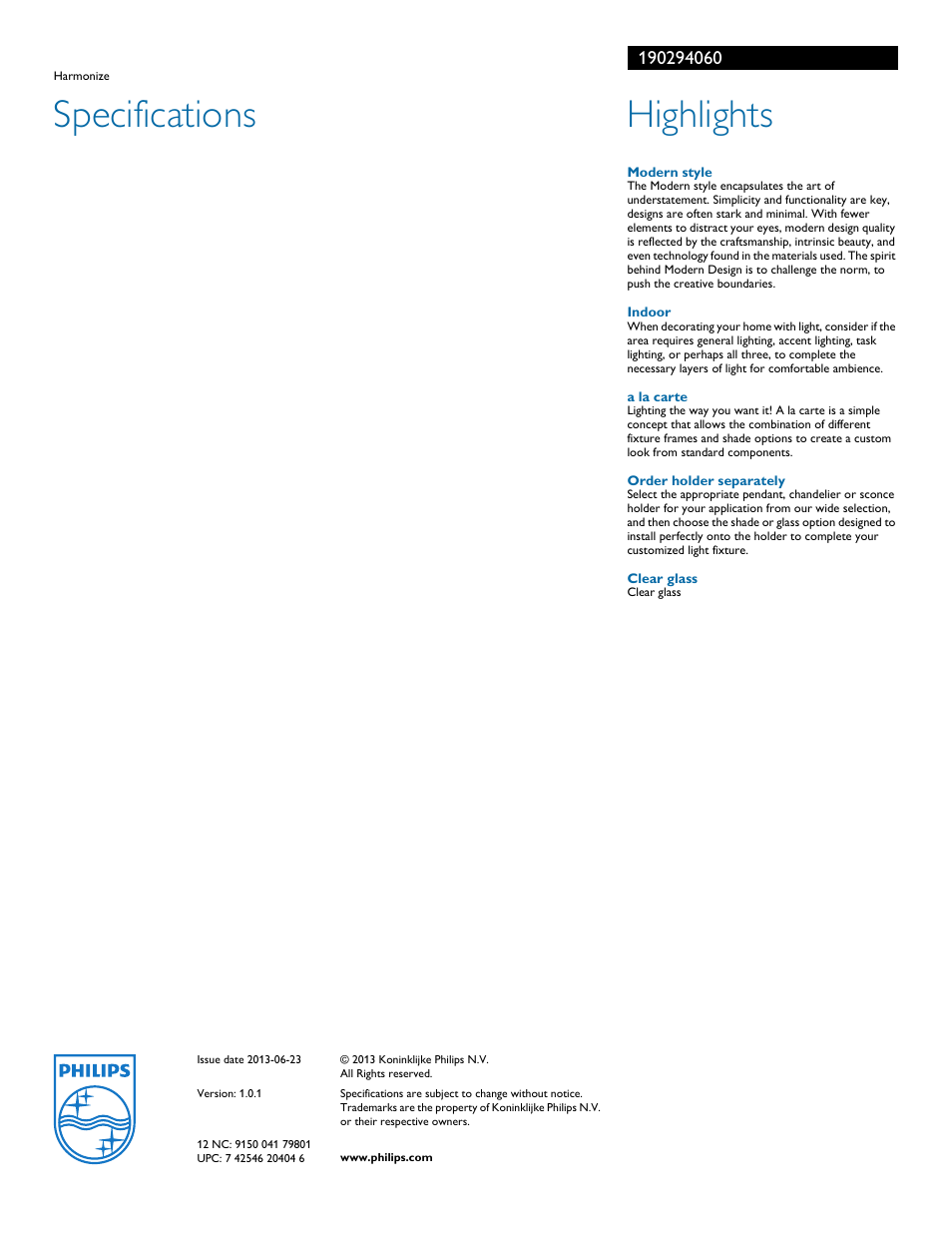 Specifications, Highlights | Philips 190294060 User Manual | Page 2 / 2