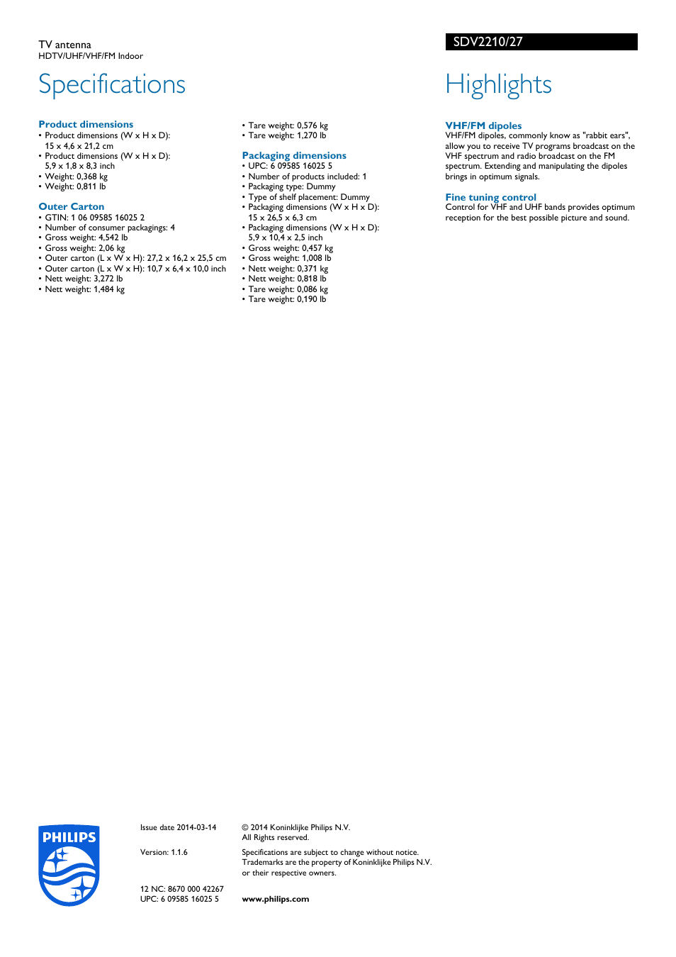 Specifications, Highlights | Philips SDV2210-27 User Manual | Page 2 / 2