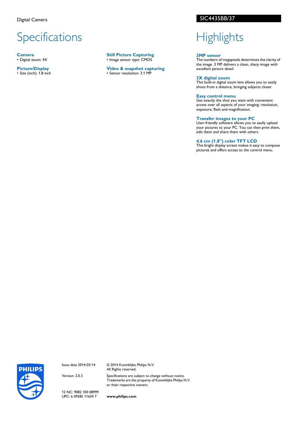 Specifications, Highlights | Philips Digital Camera SIC4435BB User Manual | Page 2 / 2