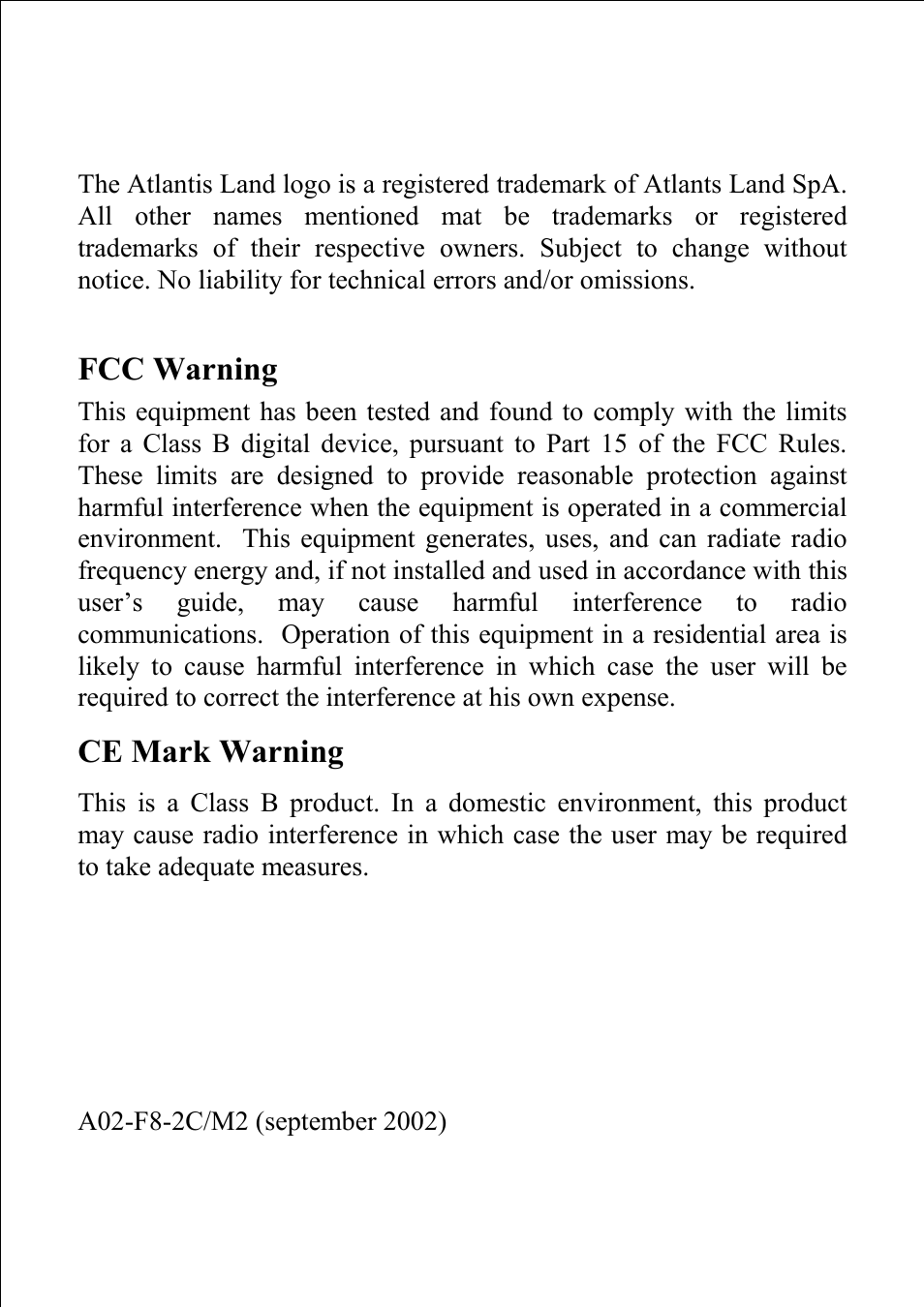 Fcc warning, Ce mark warning | Atlantis Land A02-F8-2C/M2 User Manual | Page 2 / 19