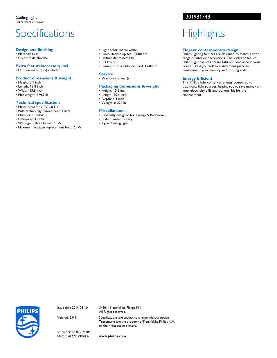 Specifications, Highlights | Philips 301981748 User Manual | Page 2 / 2