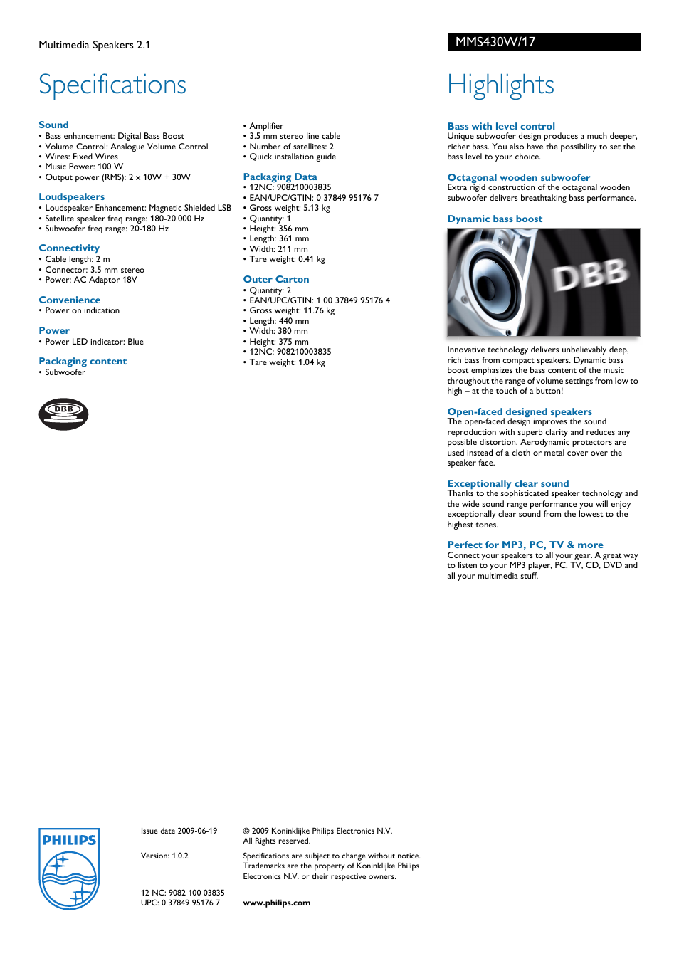 Specifications, Highlights | Philips MMS430W-17B User Manual | Page 2 / 2